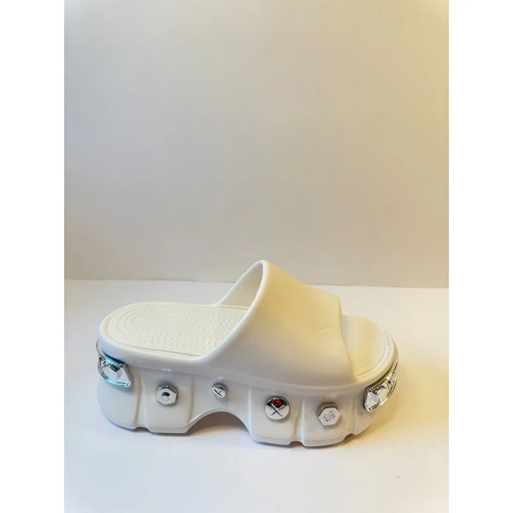 CROCS White Platform Slide with Gem Stud Accents